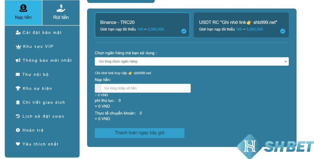 Chuyển khoản USDT để nạp tiền Shbet